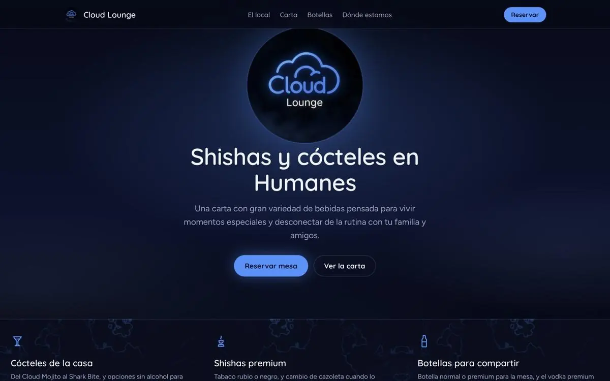 Diseño web de Cloud Lounge, local de ocio en Humanes de Madrid: página de inicio